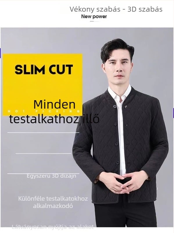 Férfi téli pamut-tömött kabát fleece béléssel, álló gallér, hosszú ujjak, szabályos szabás, oldalzsebek, egysoros gombolás, normál hosszúság