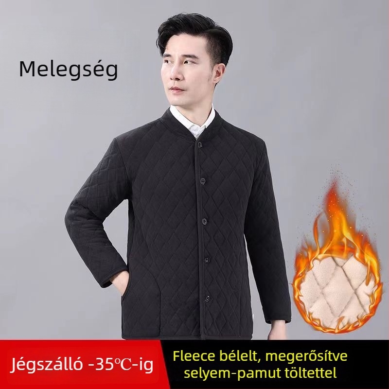 Férfi téli pamut-tömött kabát fleece béléssel, álló gallér, hosszú ujjak, szabályos szabás, oldalzsebek, egysoros gombolás, normál hosszúság