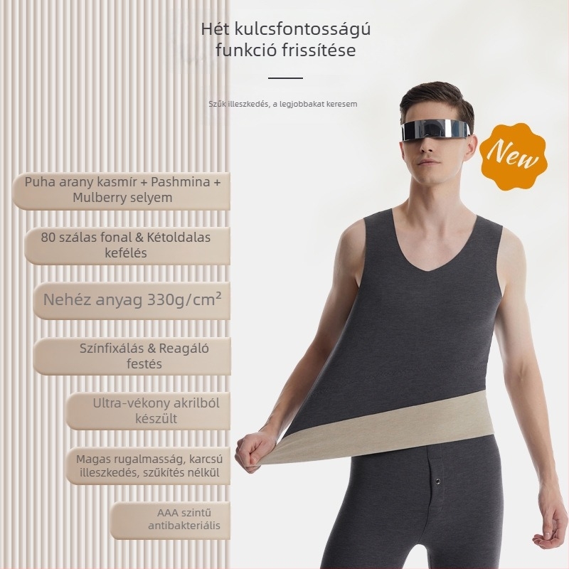 Termikus mellény kasmír-selyem keverékből, varrás nélküli, kerek nyakú, extravastag anyag 301–350 g/m², külső viseletre alkalmas