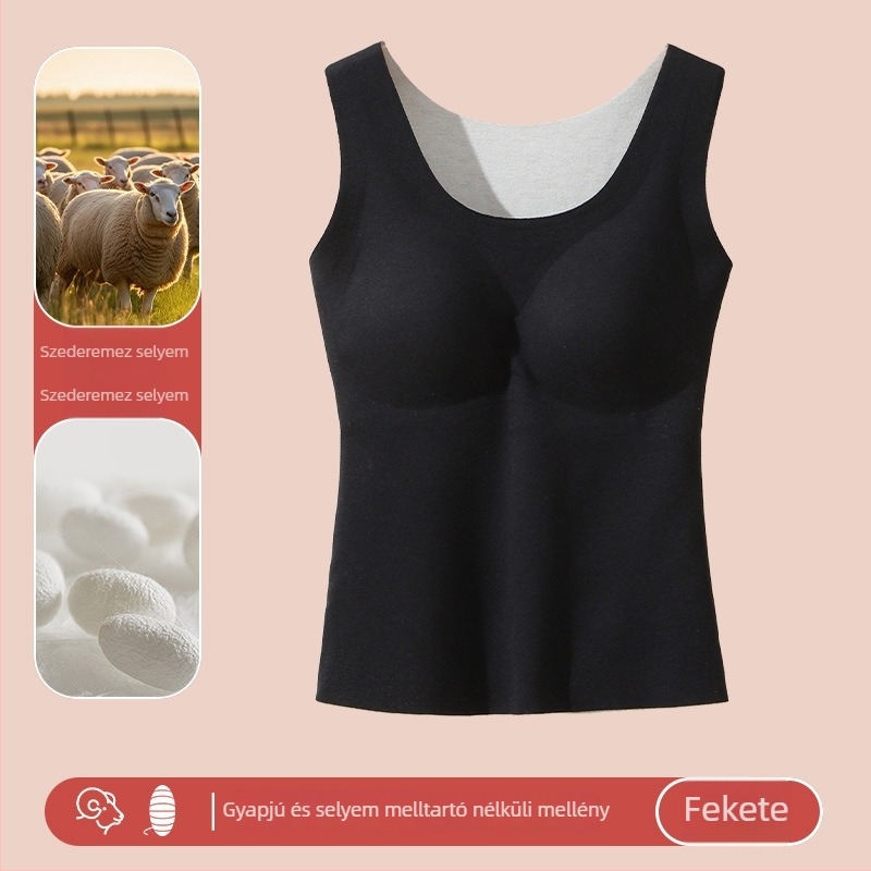 Női gyapjú melegítő mellény beépített mellkas párnával, varrás nélküli, bársonyos fleece belsővel, kerek nyak