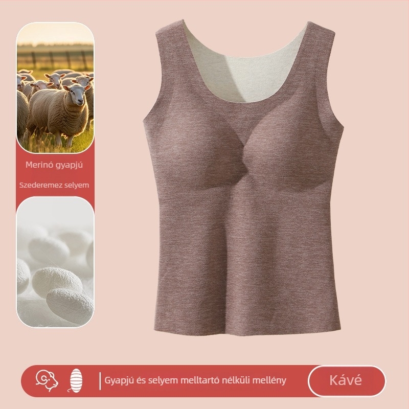 Női gyapjú melegítő mellény beépített mellkas párnával, varrás nélküli, bársonyos fleece belsővel, kerek nyak