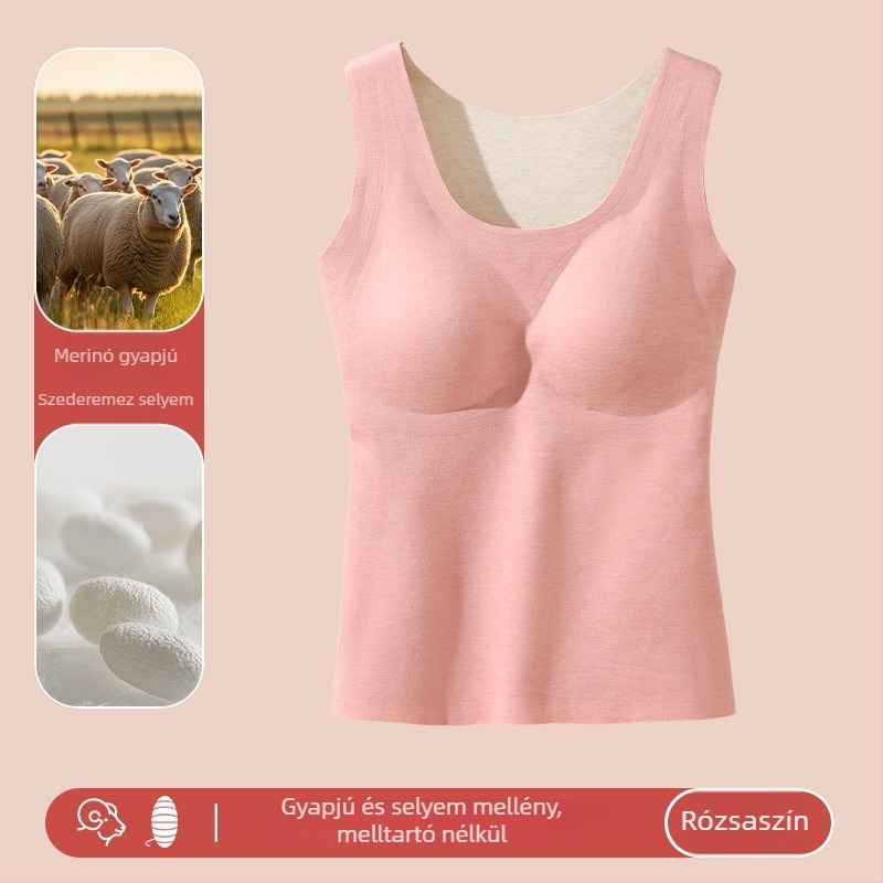 Női gyapjú melegítő mellény beépített mellkas párnával, varrás nélküli, bársonyos fleece belsővel, kerek nyak