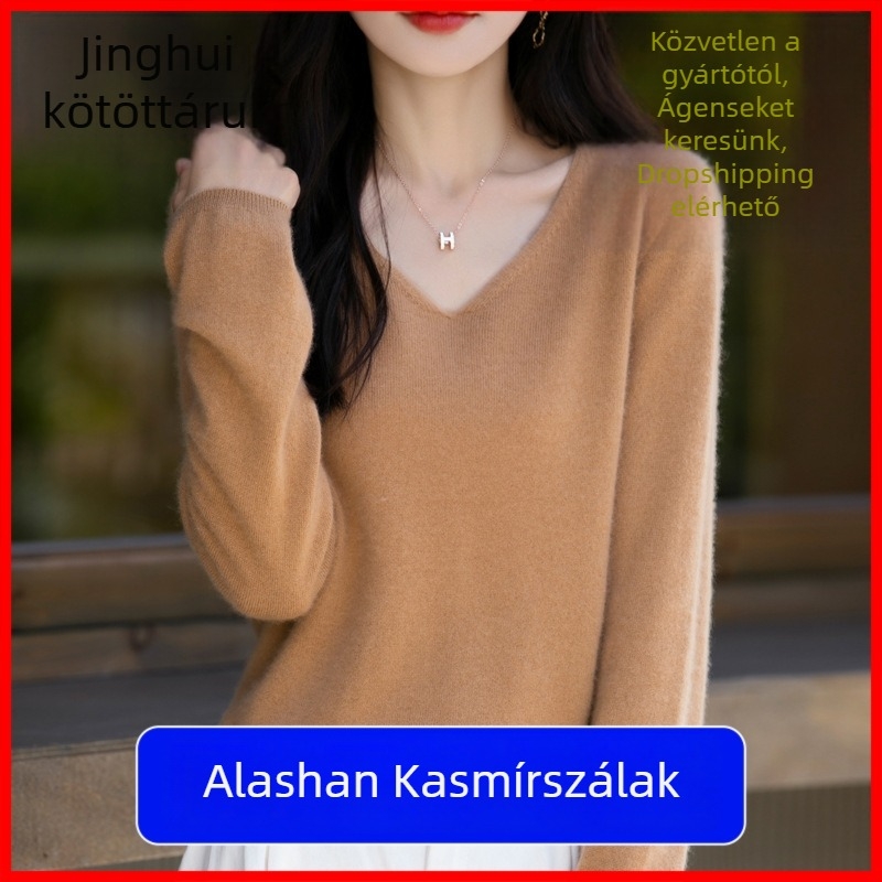 Női gyapjú pulóver 95% feletti tartalommal, V-nyakú, lazán szabott, hosszú ujjú, 50–65 cm hosszú