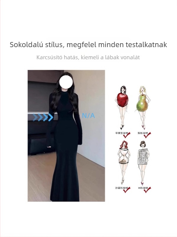 Sellő szabású kötött ruha félmagas gallérral, hosszú ujjú, elasztikus derékkal — viszkóz-poliészter keverék