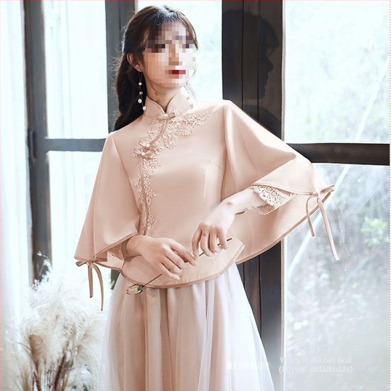 Xiuhe-stílusú koszorúslány ruha, A-vonalú, U-nyakú, 3/4-es ujjak, hosszú szoknya, satin 395, vinilon-spandex keverék, tavasz 2025