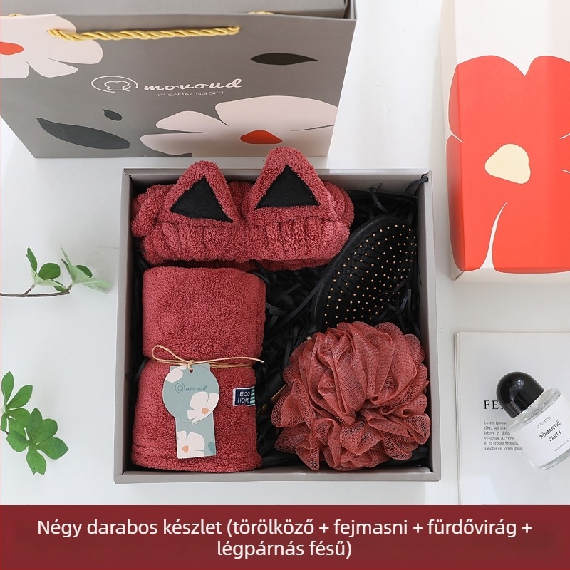 Macskafül fejkendő és törölköző ajándékkészlet díszdobozban — anyag: korall fleece; tömeg: 280 g; márka: Mufanduo; testreszabható; csomagolás: ajándékdoboz
