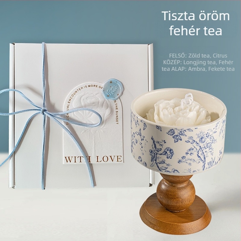 Kamélia illatú gyertya ajándékdobozt — szója-viasz keverék, pohár alakú, fél-kézi és fél-gépi gyártási folyamat, nyomtatott logó