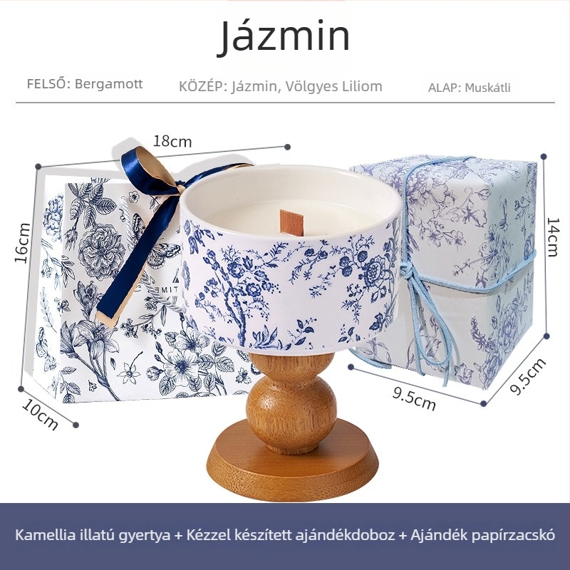 Kamélia illatú gyertya ajándékdobozt — szója-viasz keverék, pohár alakú, fél-kézi és fél-gépi gyártási folyamat, nyomtatott logó