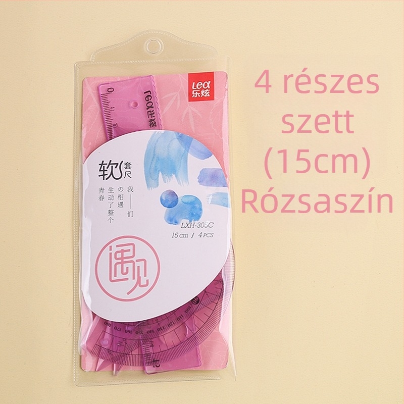 Műanyagból készült négy darabos vonalzó készlet rajzoláshoz, tartalmaz háromszögvonalzóval és protrakttal; nettó tömeg 60 g