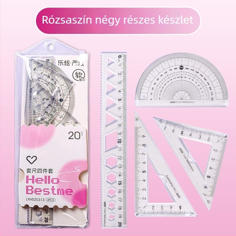 Műanyagból készült négy darabos vonalzó készlet rajzoláshoz, tartalmaz háromszögvonalzóval és protrakttal; nettó tömeg 60 g