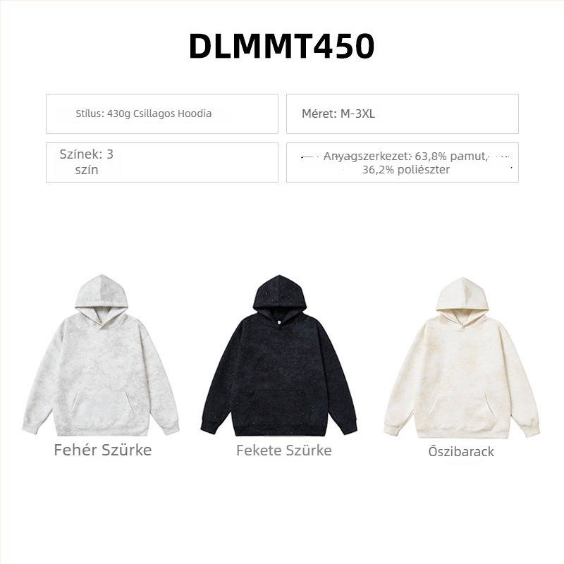 Őszi-téli kapucnis pulóver logónyomtatással és csillagos ég minta, fleece bélés, nehéz kivitelű, 301–350 g
