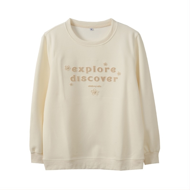 Női kapucnis pulóver kerek nyakkal, 2025 ősz, hímzett szöveg, laza szabás, közepes súlyú pamut-poliészter keverék