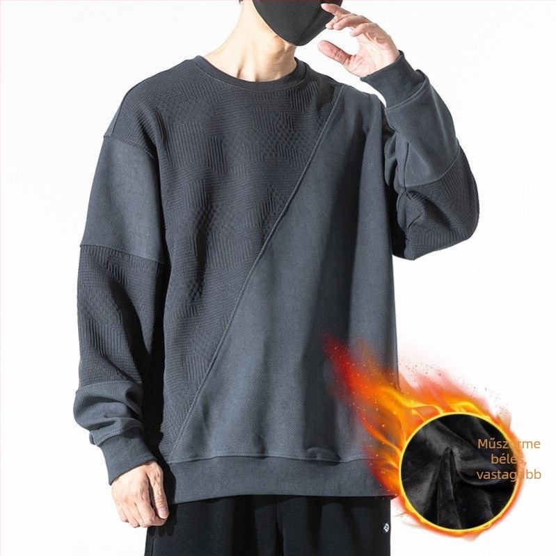 Férfi fleece pulóver patchwork dizájnnal, kerek nyak, hosszú ujjú, laza szabás, őszi 2024