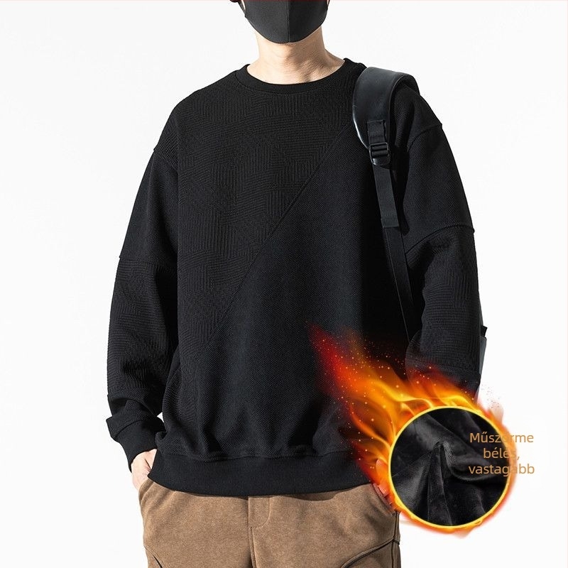 Férfi fleece pulóver patchwork dizájnnal, kerek nyak, hosszú ujjú, laza szabás, őszi 2024