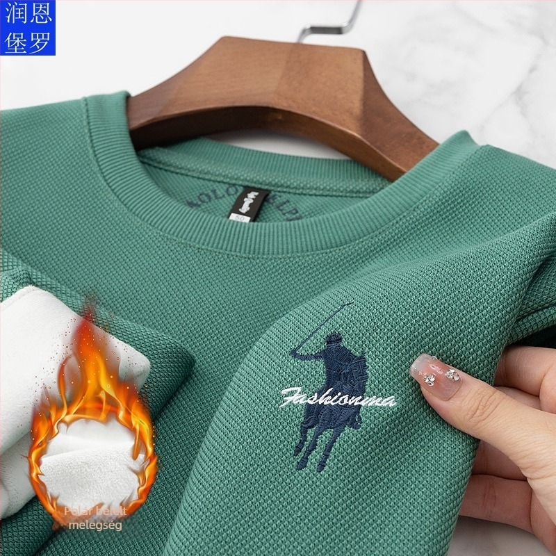 Férfi pamut kötött pulóver fleece-bélésű, kerek nyakú, hosszú ujjú, egyszínű.