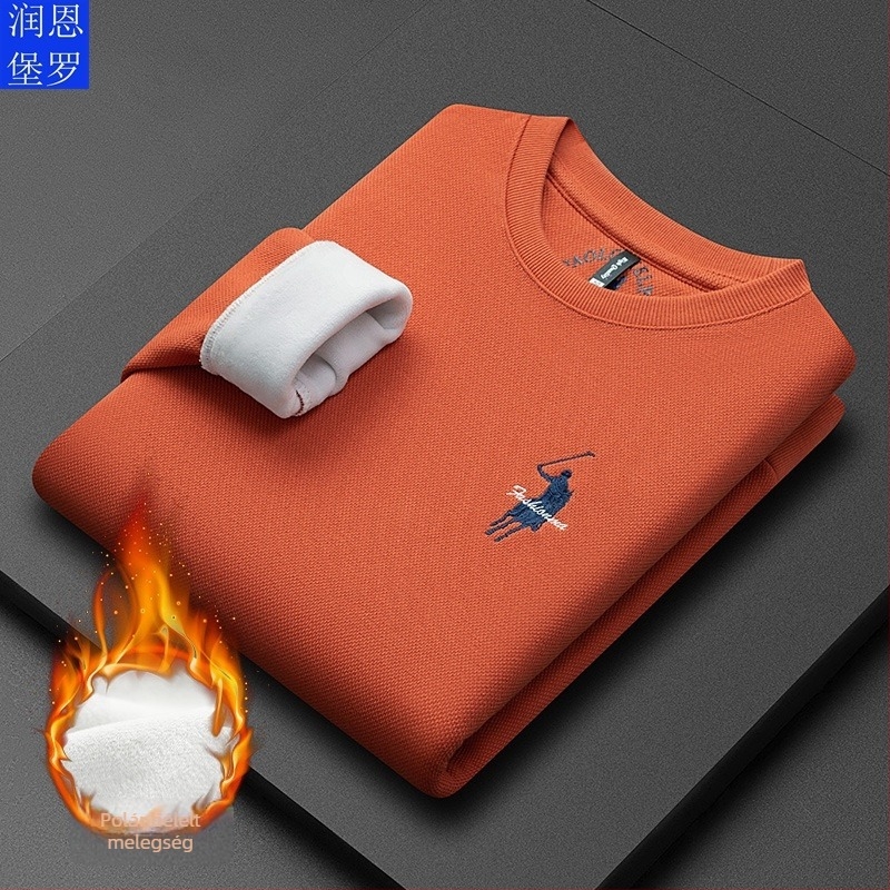 Férfi pamut kötött pulóver fleece-bélésű, kerek nyakú, hosszú ujjú, egyszínű.