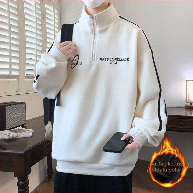Tinédzser fiúknak fleece béléssel pulóver — 95% poliészter, 5% spandex; álló gallér, hosszú ujjú, vastag fleece-bélés
