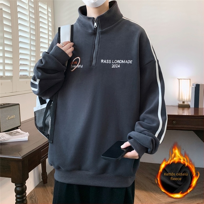Tinédzser fiúknak fleece béléssel pulóver — 95% poliészter, 5% spandex; álló gallér, hosszú ujjú, vastag fleece-bélés