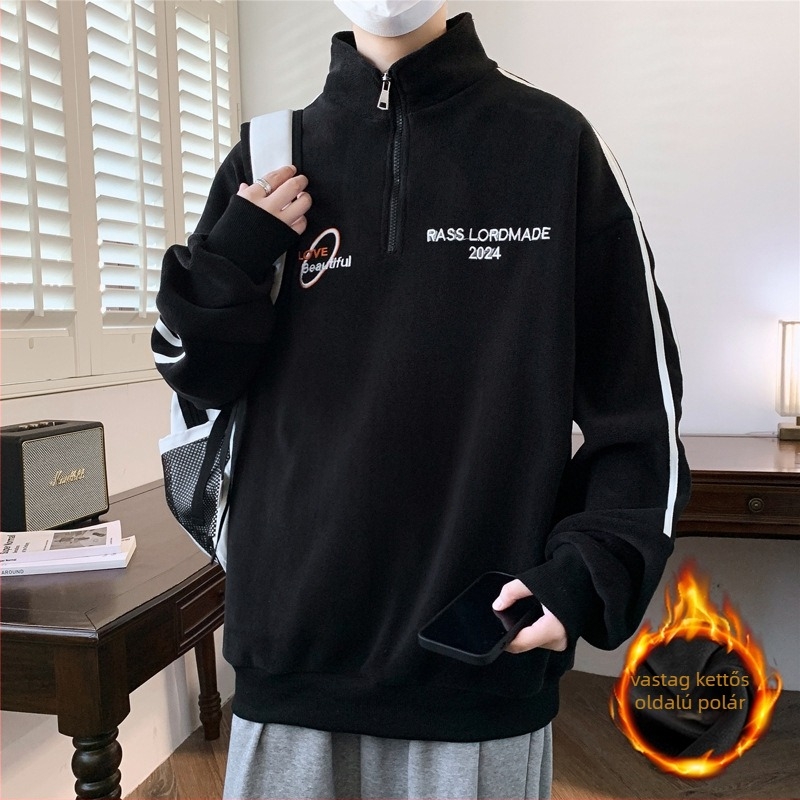 Tinédzser fiúknak fleece béléssel pulóver — 95% poliészter, 5% spandex; álló gallér, hosszú ujjú, vastag fleece-bélés