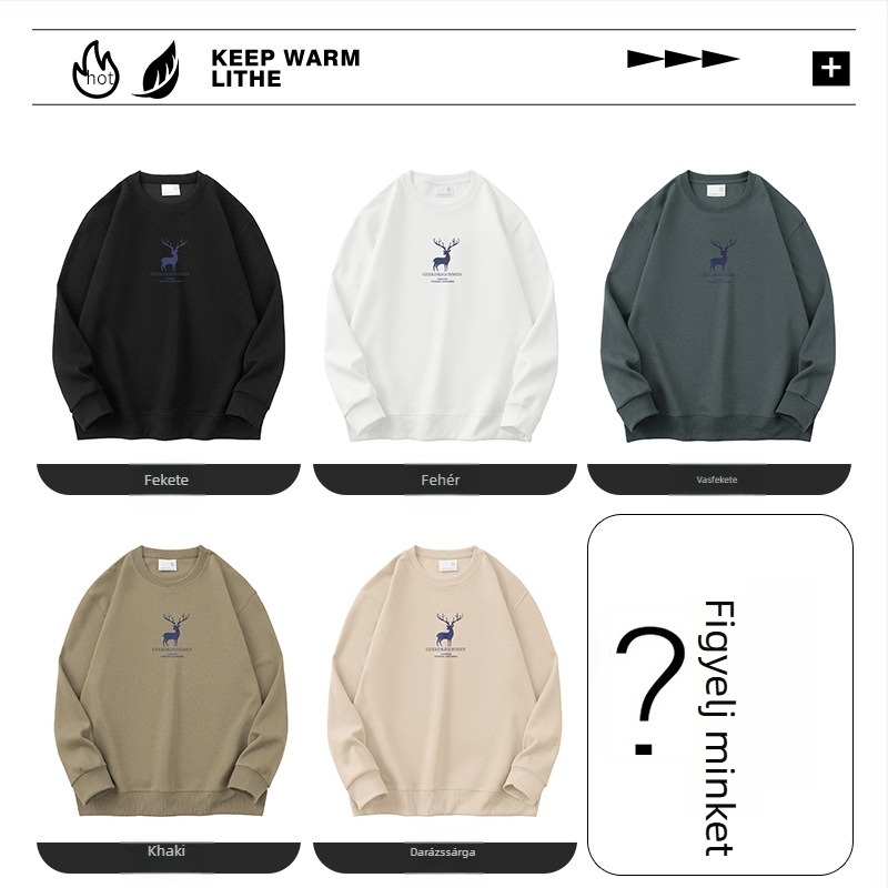 Férfi Elk mintás fleece pulóver, hosszú ujjú, kerek nyakú, laza szabás