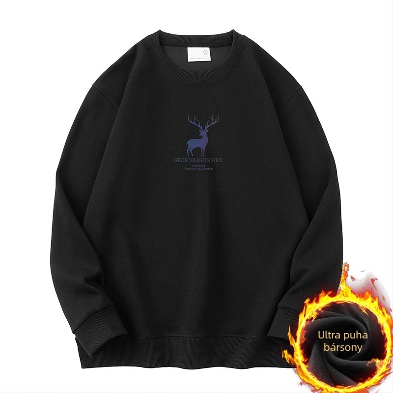 Férfi Elk mintás fleece pulóver, hosszú ujjú, kerek nyakú, laza szabás