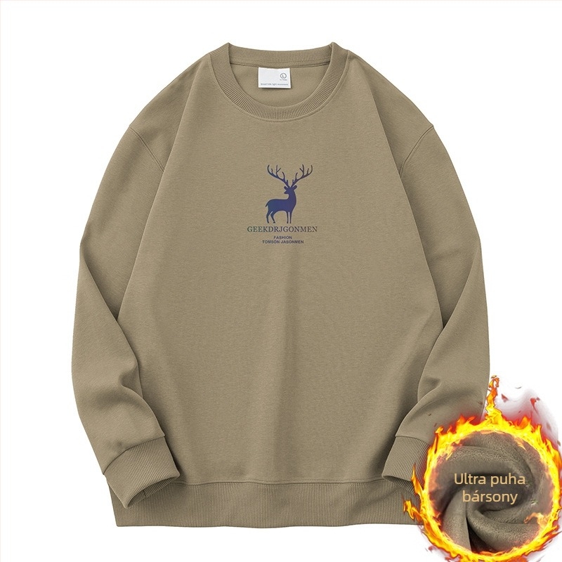 Férfi Elk mintás fleece pulóver, hosszú ujjú, kerek nyakú, laza szabás