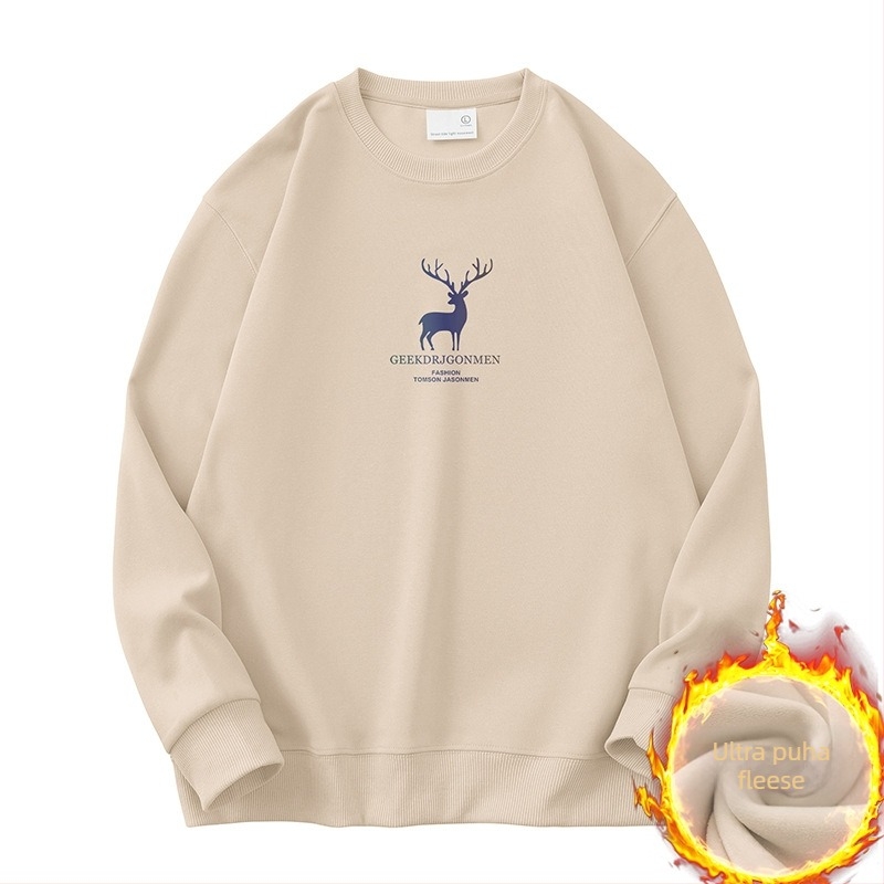 Férfi Elk mintás fleece pulóver, hosszú ujjú, kerek nyakú, laza szabás