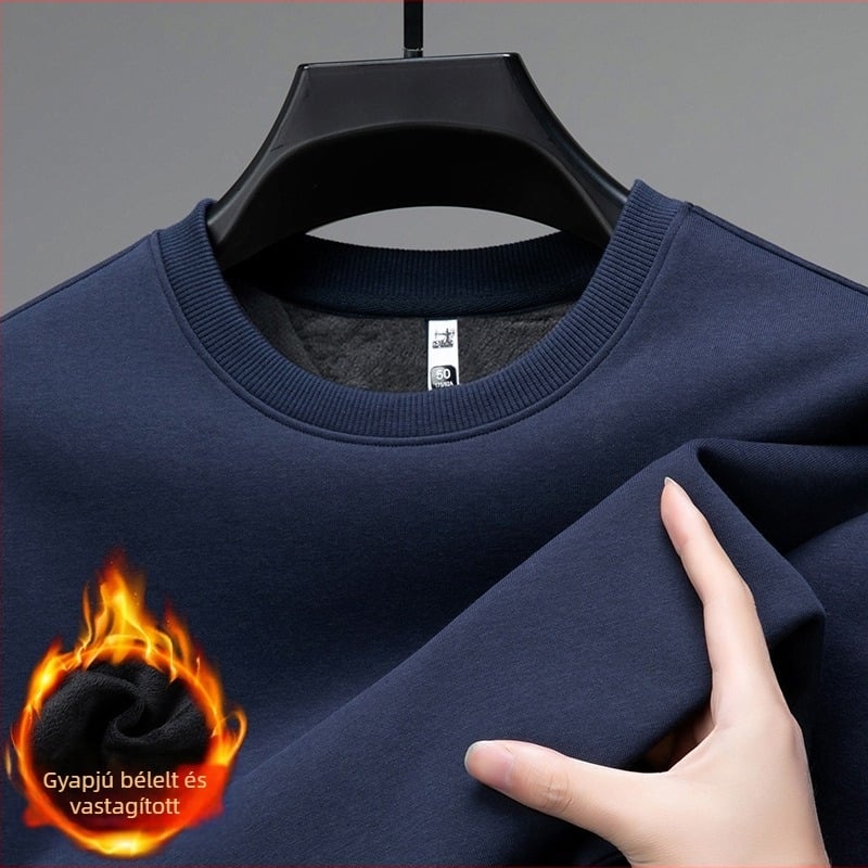 Férfi pamut-poliészter keverék fleece pulóver mulberry selyemmel, kerek nyak, hosszú ujjú, belső bélés nélkül, tavasz–ősz, 2024-es tél