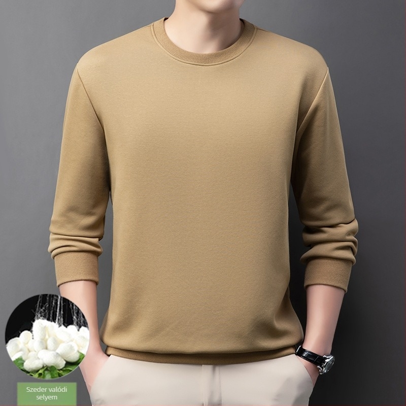 Férfi pamut-poliészter keverék fleece pulóver mulberry selyemmel, kerek nyak, hosszú ujjú, belső bélés nélkül, tavasz–ősz, 2024-es tél