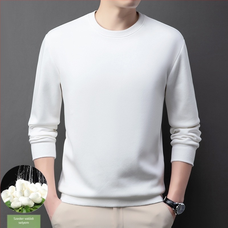 Férfi pamut-poliészter keverék fleece pulóver mulberry selyemmel, kerek nyak, hosszú ujjú, belső bélés nélkül, tavasz–ősz, 2024-es tél