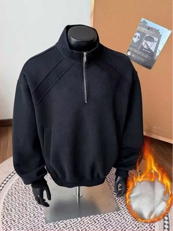 Amerikai retro fél-zip pulóver férfiaknak, laza szabás, hosszú ujjú, kerek nyak, poliészter, bársonyos bélés, téli casual felső