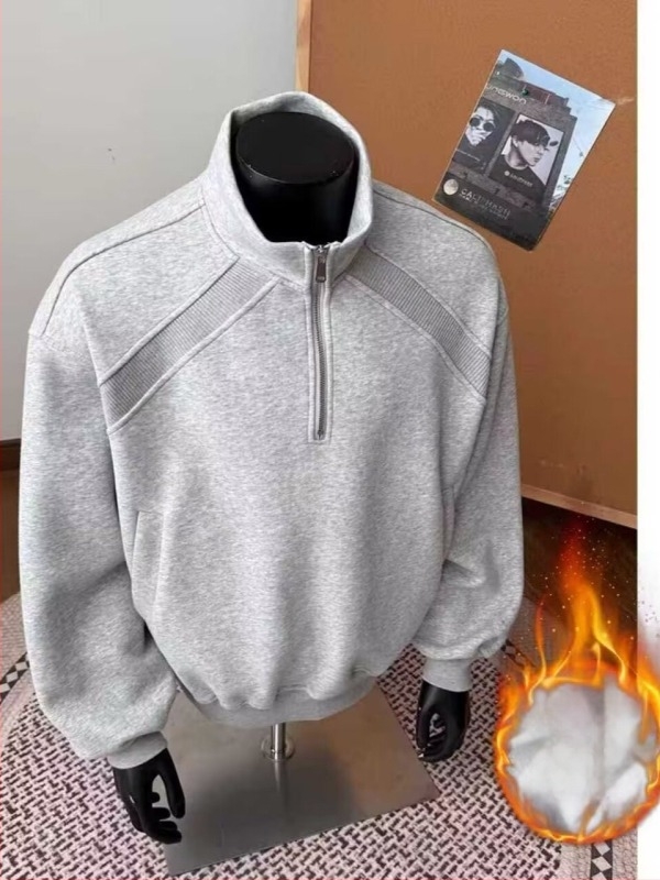 Amerikai retro fél-zip pulóver férfiaknak, laza szabás, hosszú ujjú, kerek nyak, poliészter, bársonyos bélés, téli casual felső