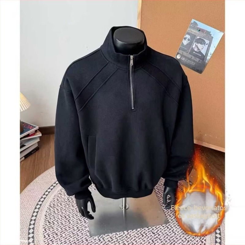 Amerikai retro fél-zip pulóver férfiaknak, laza szabás, hosszú ujjú, kerek nyak, poliészter, bársonyos bélés, téli casual felső