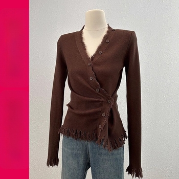 Chenille kötött ujjatlan felső bojtokkal, V-nyakú, Spandex tartalom <30%, őszi-téli szezon