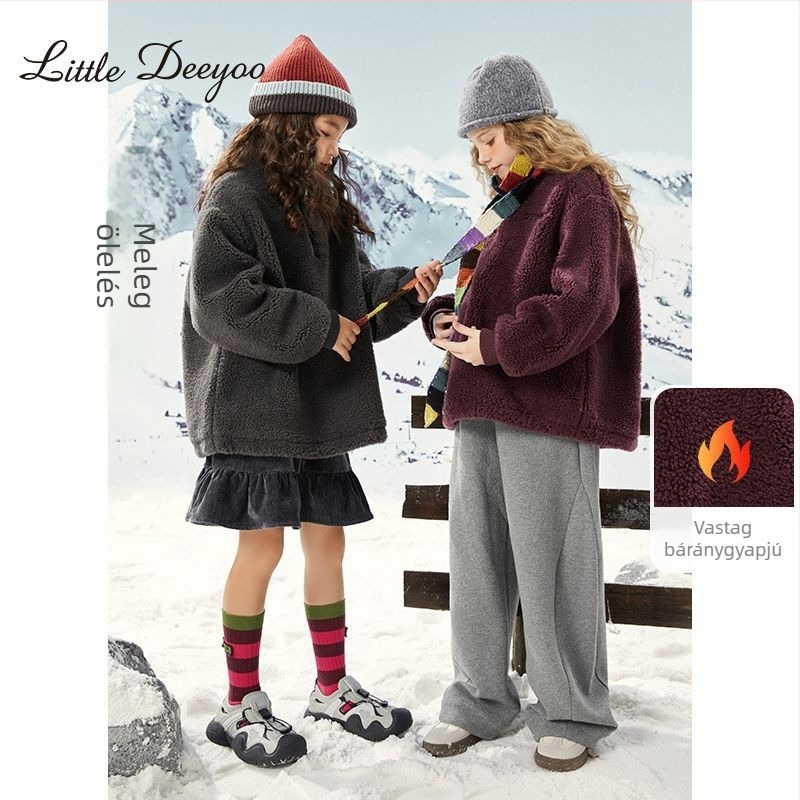 Lányoknak szóló vastag, bolyhos poliészter kapucnis kabát, rövid szabású, téli 2025, hosszú ujjú