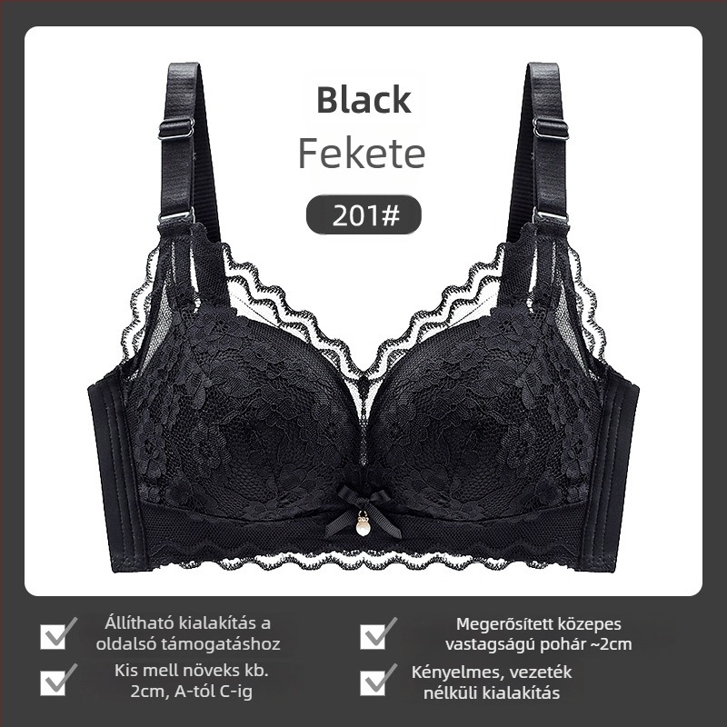 Női csipés melltartó drót nélküli, 3/4 kosár, vékony felső rész, rögzített dupla vállpántok, hátsó három sor zárókapcsok