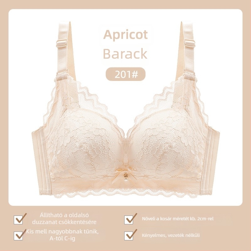 Női csipés melltartó drót nélküli, 3/4 kosár, vékony felső rész, rögzített dupla vállpántok, hátsó három sor zárókapcsok