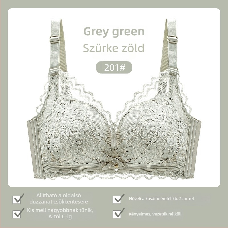 Női csipés melltartó drót nélküli, 3/4 kosár, vékony felső rész, rögzített dupla vállpántok, hátsó három sor zárókapcsok