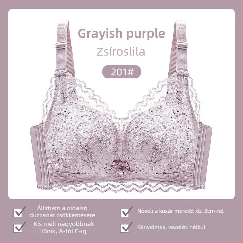 Női csipés melltartó drót nélküli, 3/4 kosár, vékony felső rész, rögzített dupla vállpántok, hátsó három sor zárókapcsok