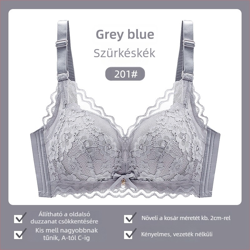 Női csipés melltartó drót nélküli, 3/4 kosár, vékony felső rész, rögzített dupla vállpántok, hátsó három sor zárókapcsok