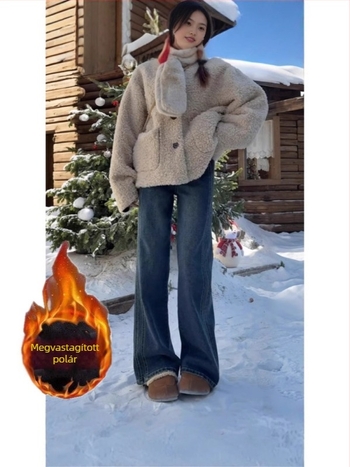 Denim farmernadrág fleece-béléssel, széles fazon, magas derék, hosszú szárú