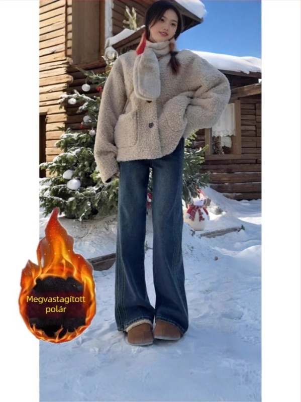 Denim farmernadrág fleece-béléssel, széles fazon, magas derék, hosszú szárú