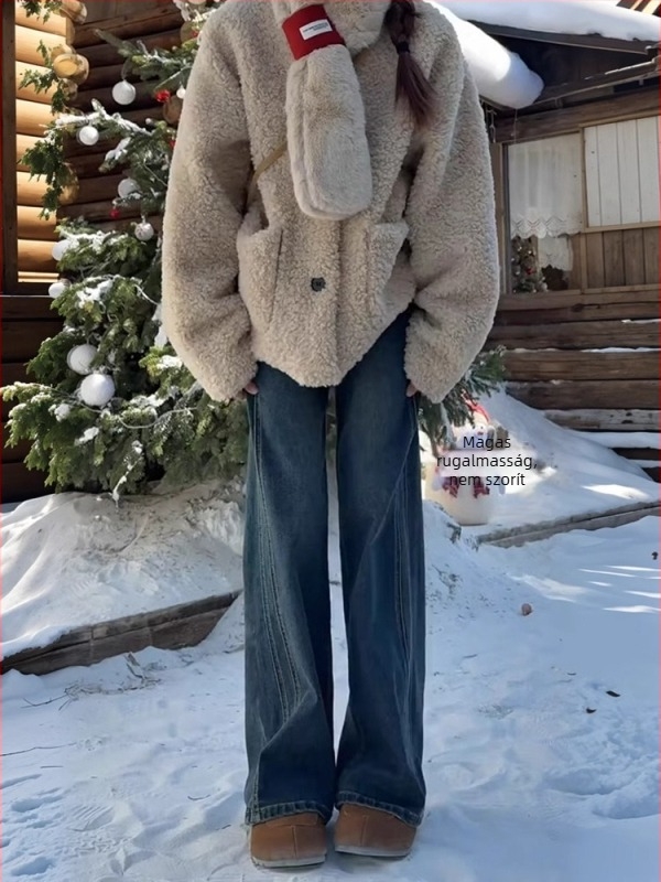 Denim farmernadrág fleece-béléssel, széles fazon, magas derék, hosszú szárú