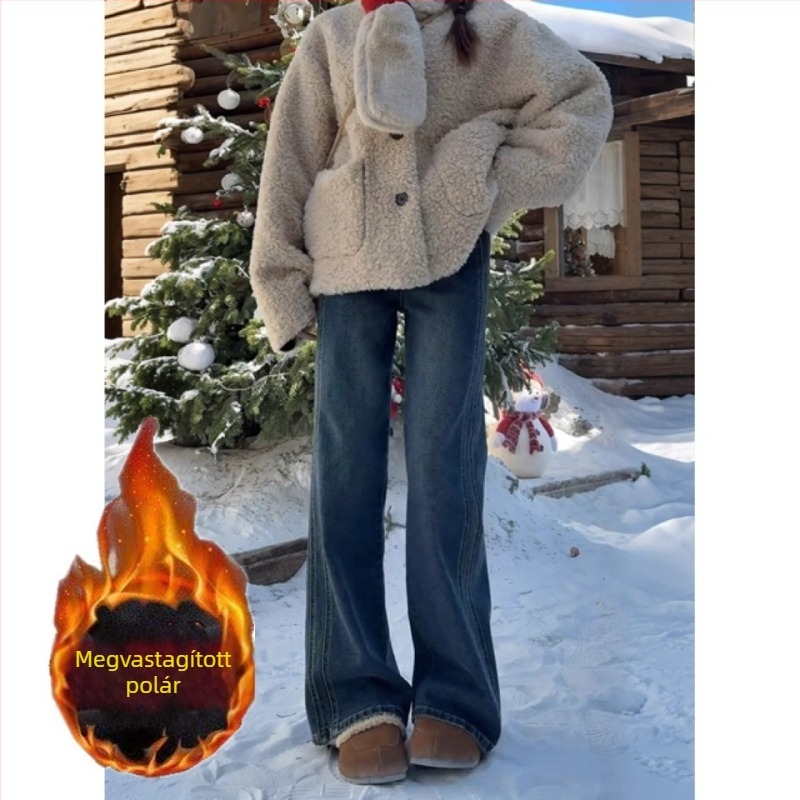 Denim farmernadrág fleece-béléssel, széles fazon, magas derék, hosszú szárú