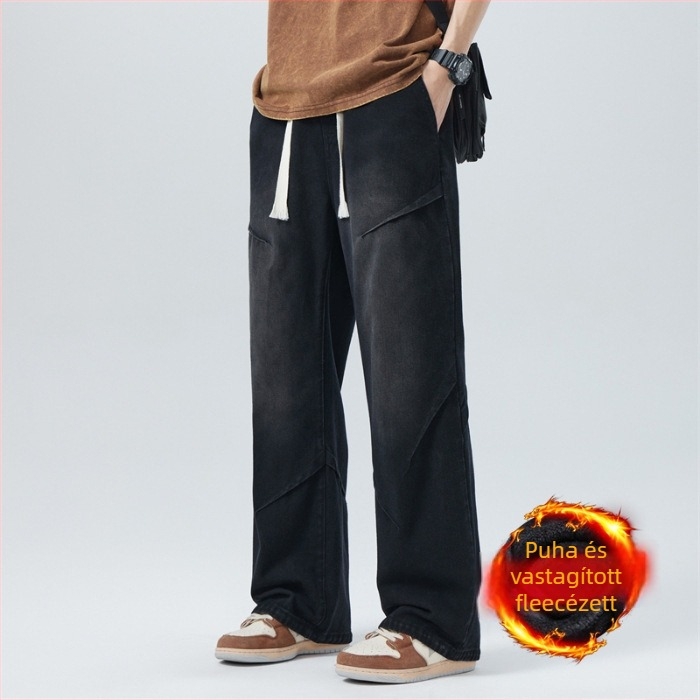Férfi farmernadrág - középmagas derekú, egyenes szárú, pamut-denim, mosott felülettel, négy évszakos viselet