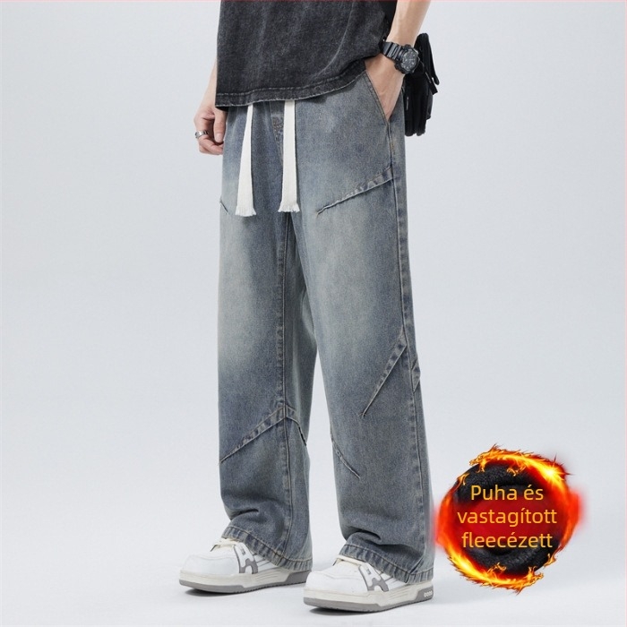 Férfi farmernadrág - középmagas derekú, egyenes szárú, pamut-denim, mosott felülettel, négy évszakos viselet