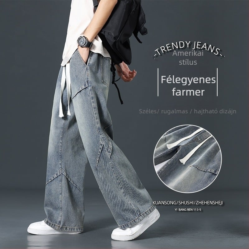 Férfi farmernadrág - középmagas derekú, egyenes szárú, pamut-denim, mosott felülettel, négy évszakos viselet