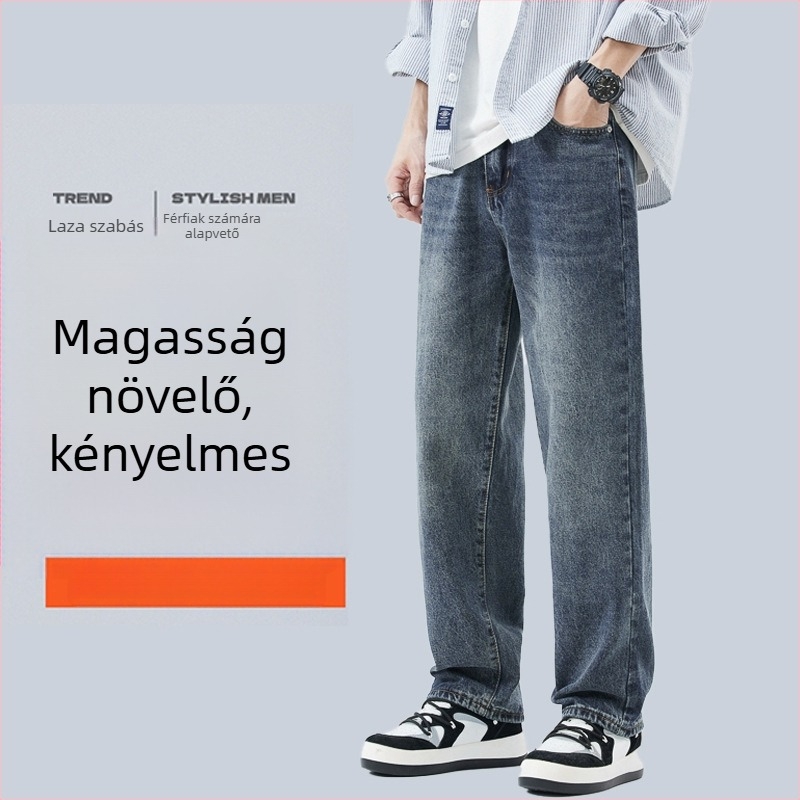 Férfi farmernadrág - középmagas derekú, egyenes szárú, pamut-denim, mosott felülettel, négy évszakos viselet