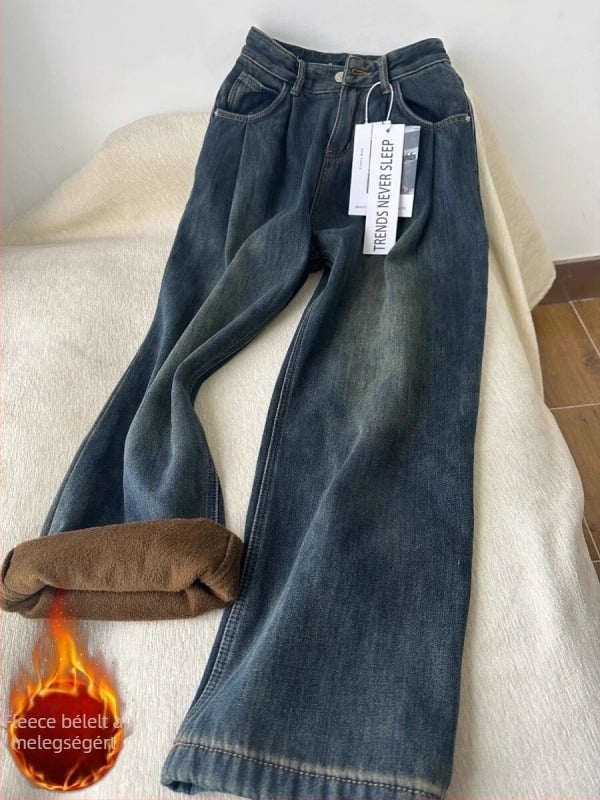Farmernadrág denim anyagból fleece-béléssel, magas derék, egyenes szabás széles lábbal, padlóig érő, téli kollekció 2025
