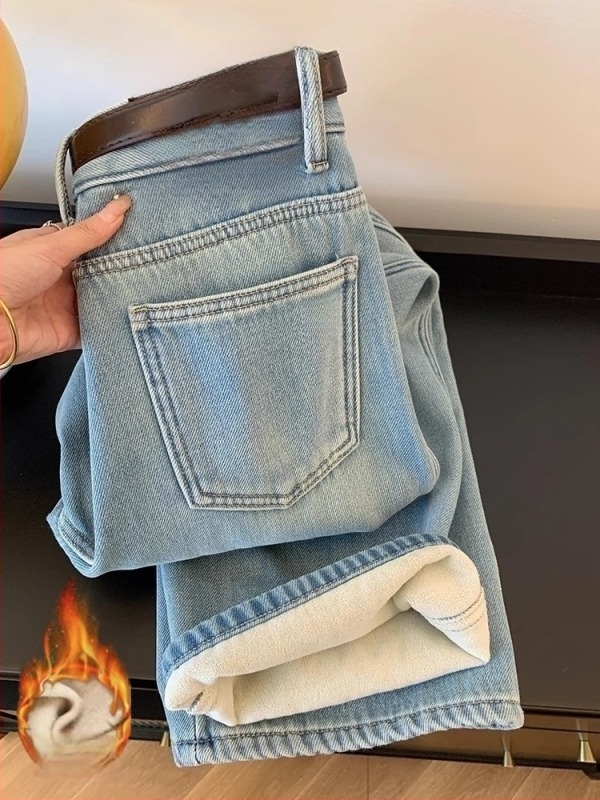 Női denim farmer, magas derékkal, egyenes szabású, fleece-béléssel, téli viselet